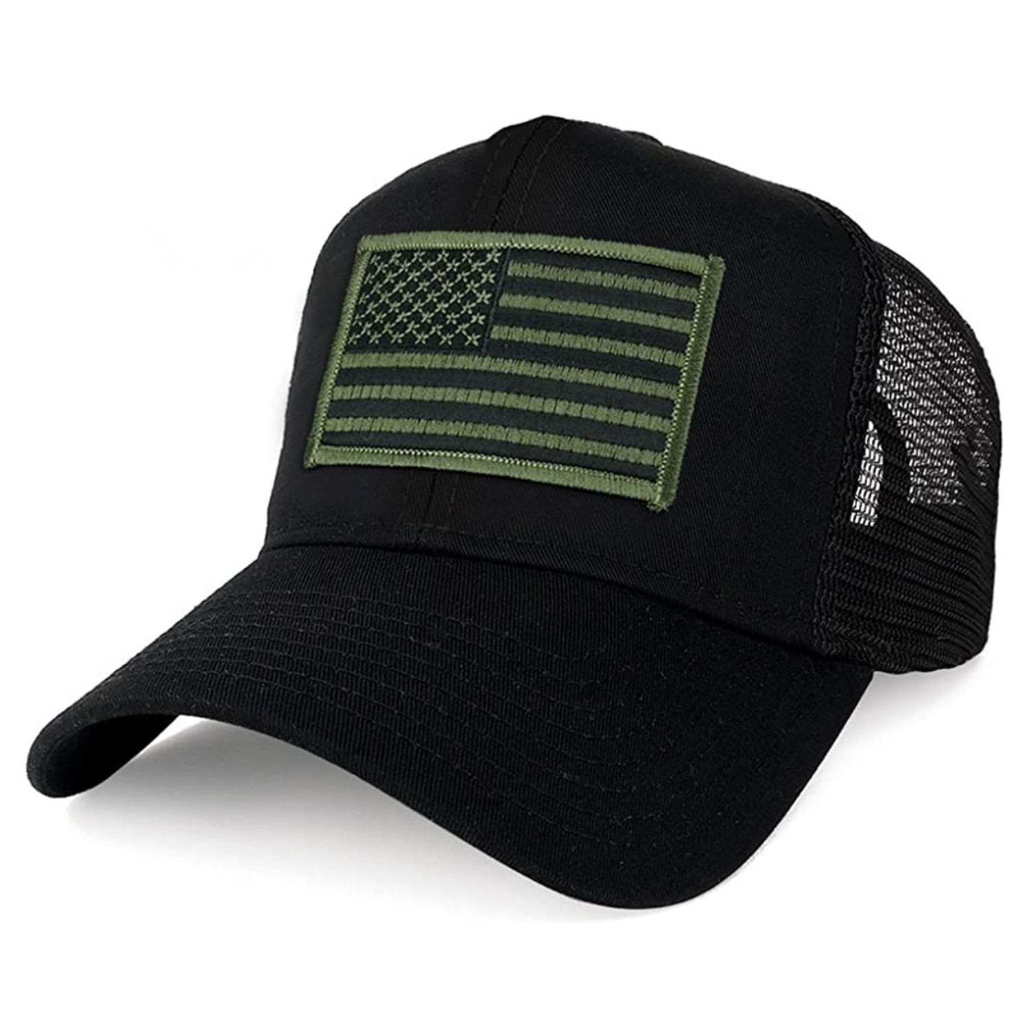 Armycrew XXL Oversize Black Olive USA Flag Patch Mesh Back Trucker Baseball Cap