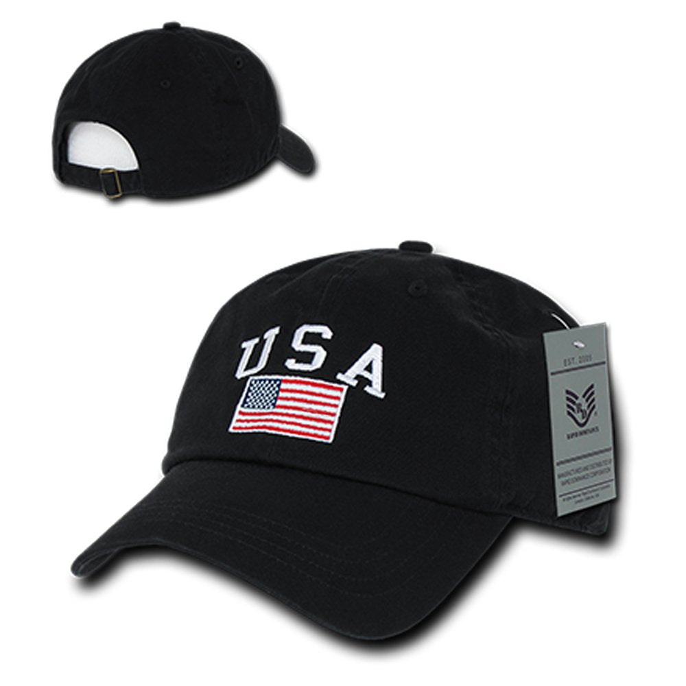 USA and American Flag Embroidered Washed Cotton Adjustable Cap - BLACK