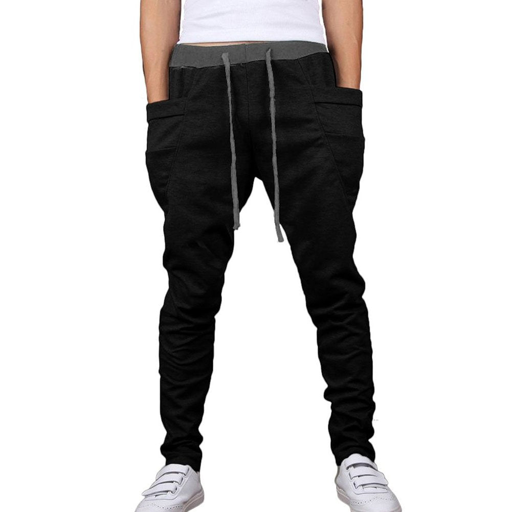 Mens Dropcrotch Drawsting Jogger Pants with Oversized Pocket