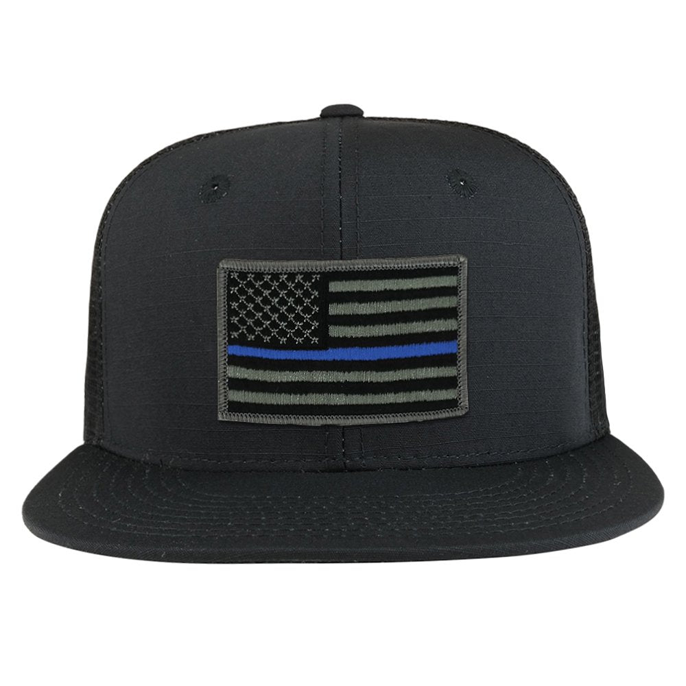 Thin Blue American Flag Iron on Patch Flat Bill Ripstop Trucker Mesh Cap