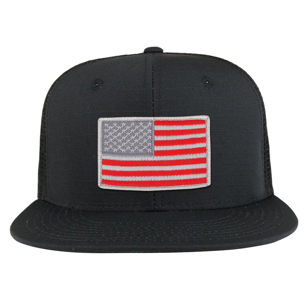 Red Grey American Flag Iron on Patch Flat Bill Ripstop Trucker Mesh Cap