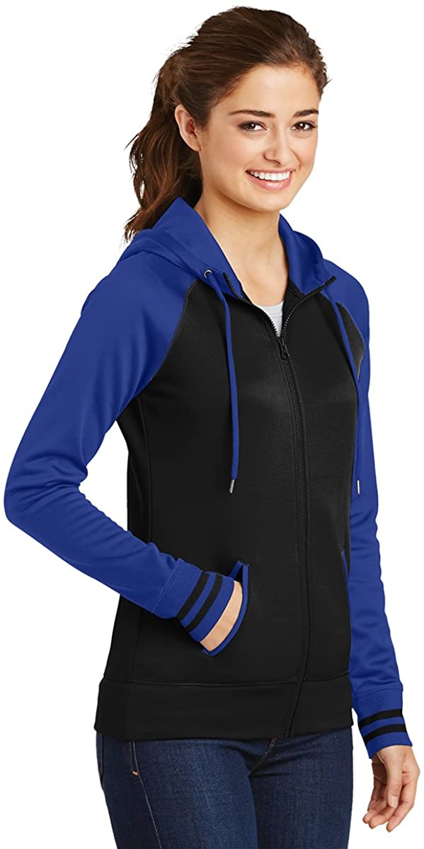 Ladies Moisture-Wick Two-Tone Varsity Fleece Full-Zip Hooded Jacket