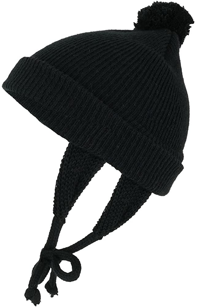 Made in USA, Infant Toddler String Beanie Hat with Pom Pom and Earflaps