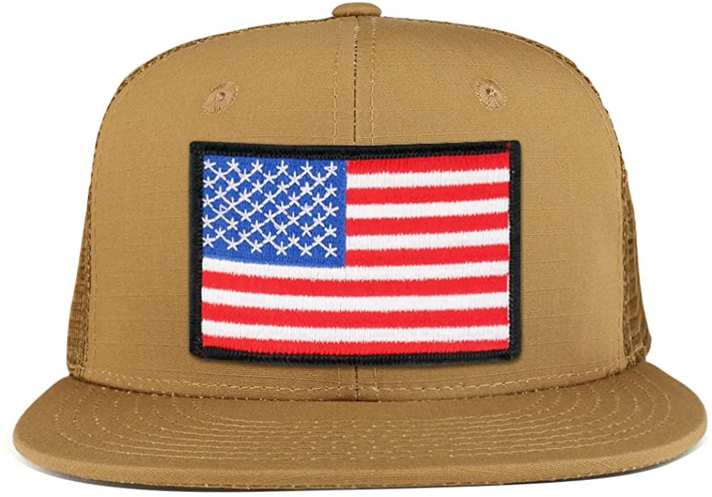 White Black Border American Flag Iron on Patch Flat Bill Ripstop Trucker Mesh Cap