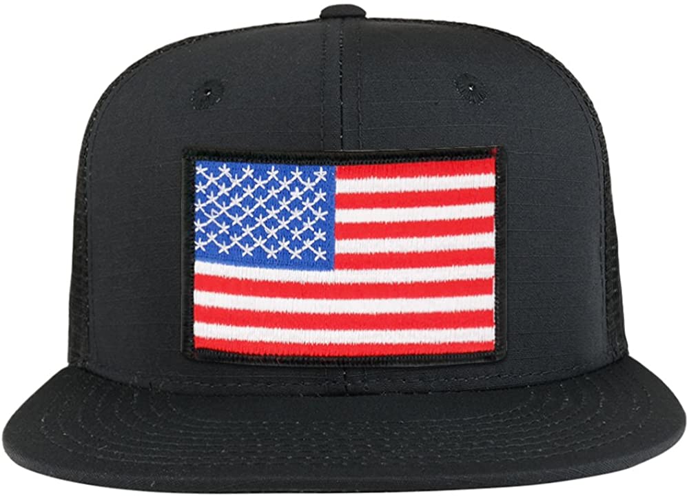 White Black Border American Flag Iron on Patch Flat Bill Ripstop Trucker Mesh Cap