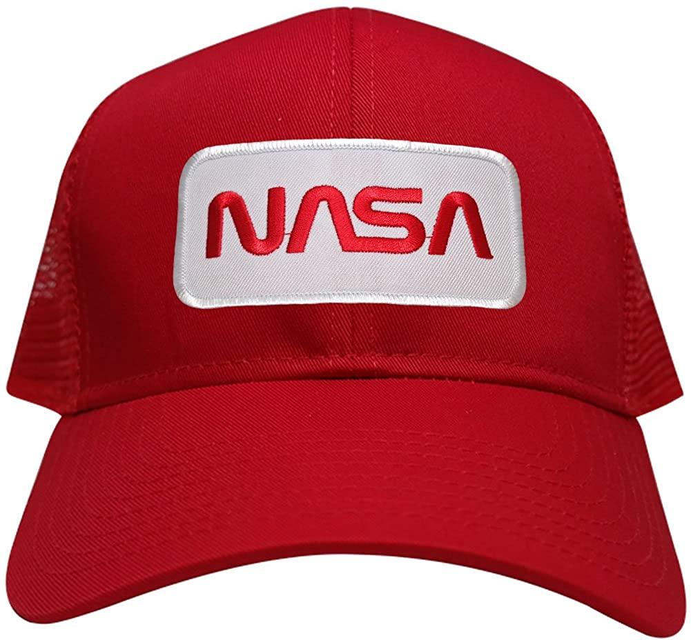 NASA Worm Red Text Embroidered Iron On Patch Snapback Trucker Mesh Cap - Black