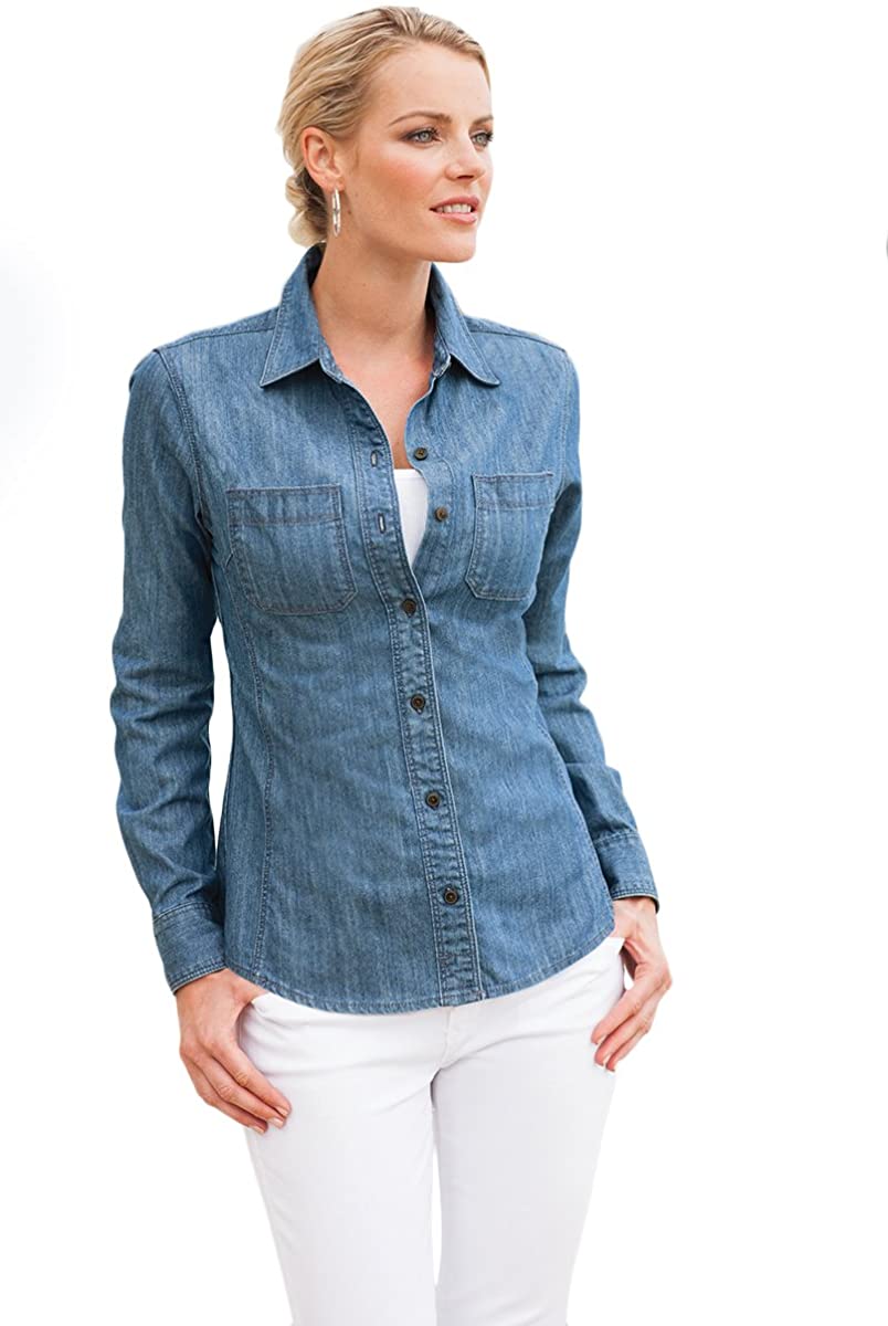 Ladies Patch Pockets Classic Cotton Denim Long Sleeve Button Up Shirt