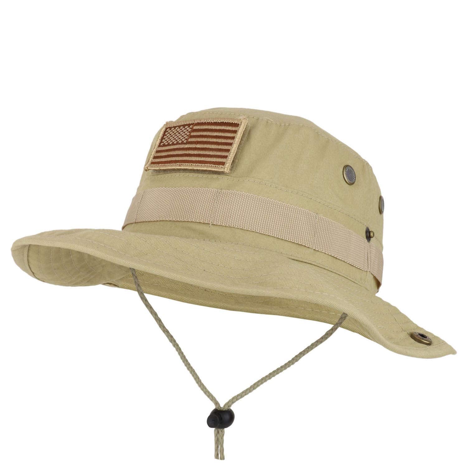 Armycrew Military American Flag Hook and Loop Patch Boonie Cap with Chin Strap