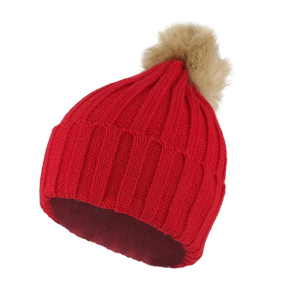 Women's Ribbed Faux Fur Pom Pom Cuff Winter Beanie Hat