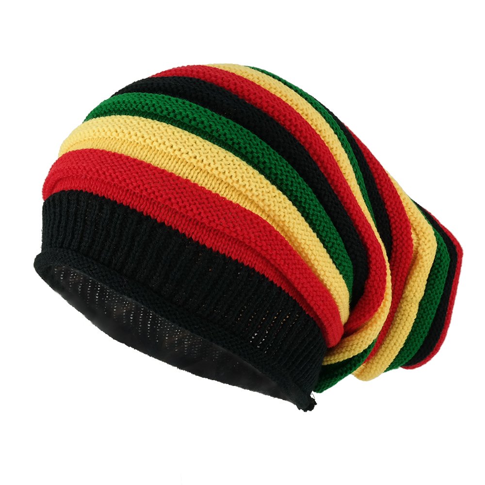 Armycrew Ribbed Trim Rasta Striped Printed Extra Baggy Slouchy Long Beanie Hat