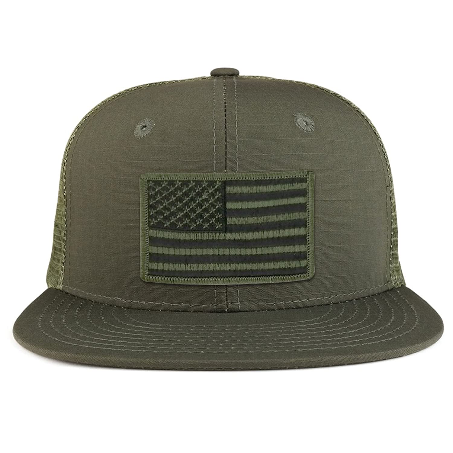 Black Olive American Flag Iron on Patch Flat Bill Ripstop Trucker Mesh Cap
