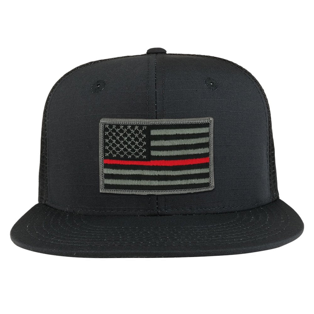 Thin Red American Flag Iron on Patch Flat Bill Ripstop Trucker Mesh Cap