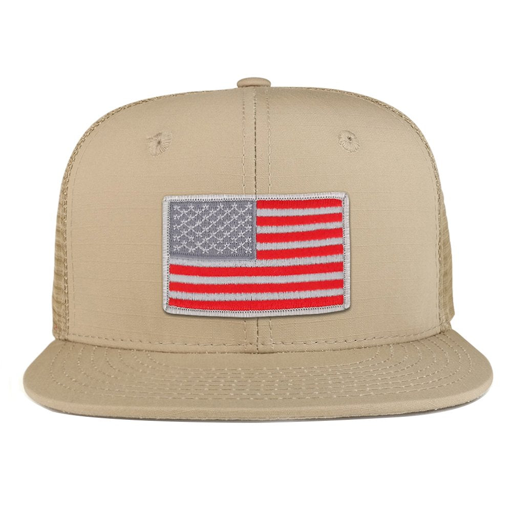 Red Grey American Flag Iron on Patch Flat Bill Ripstop Trucker Mesh Cap