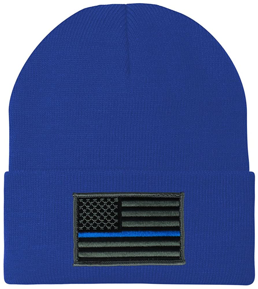 Made in USA - Thin Blue Line American Flag Embroidered Patch Long Cuff Beanie