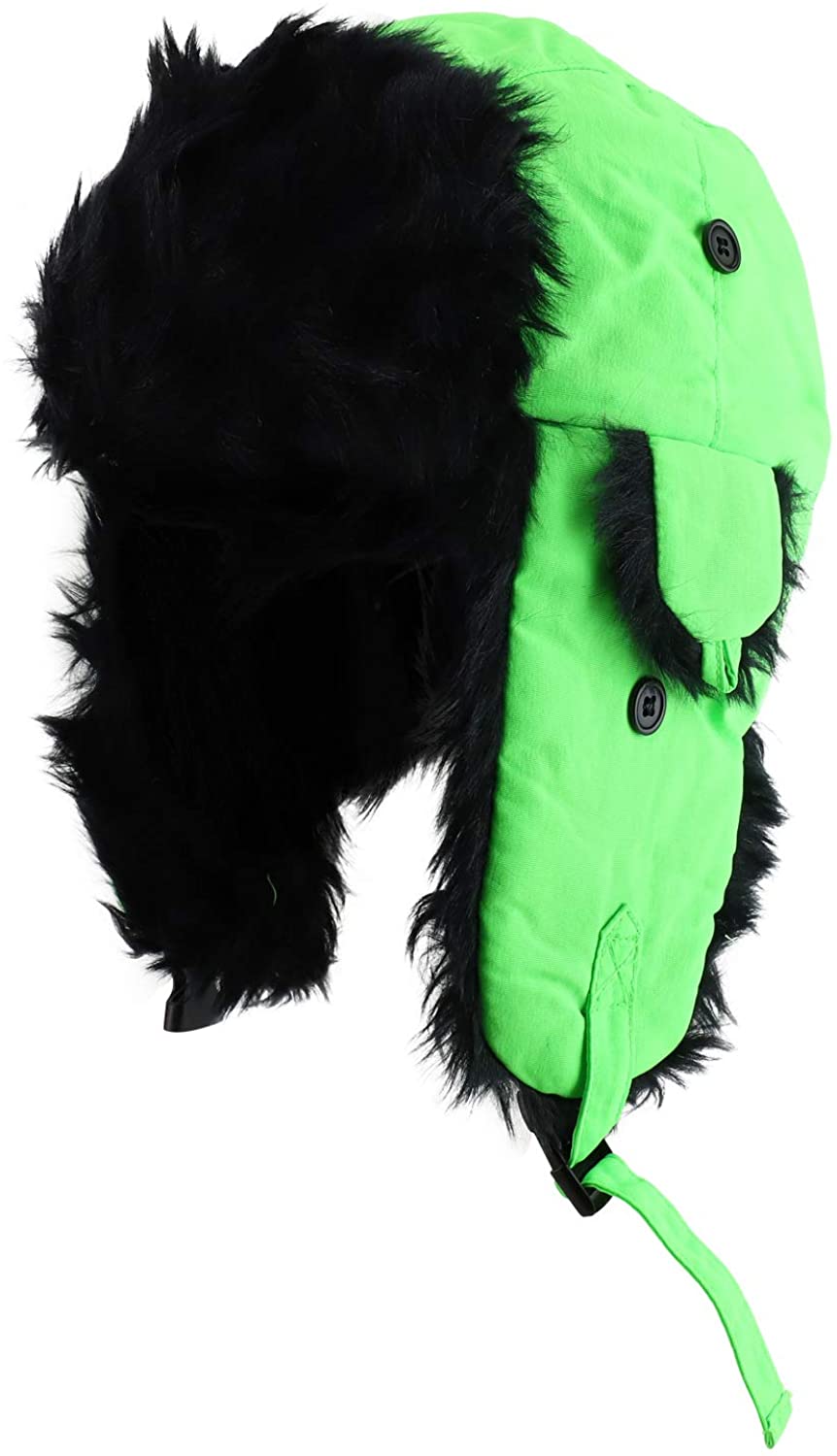 Decky Brands Bright Neon Black Fur Aviator High Visibility Winter Trooper Hat - Neon Yellow - LXL
