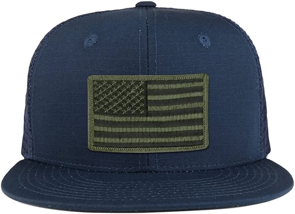 Black Olive American Flag Iron on Patch Flat Bill Ripstop Trucker Mesh Cap