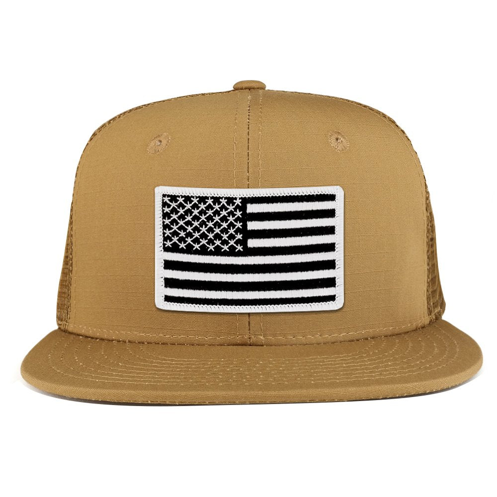 Black White American Flag Iron on Patch Flat Bill Ripstop Trucker Mesh Cap