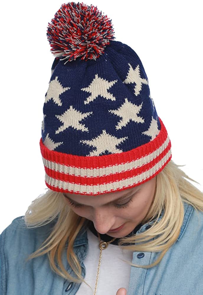 Armycrew American Flag Patriotic Winter Pom Pom Beanie - Unisex