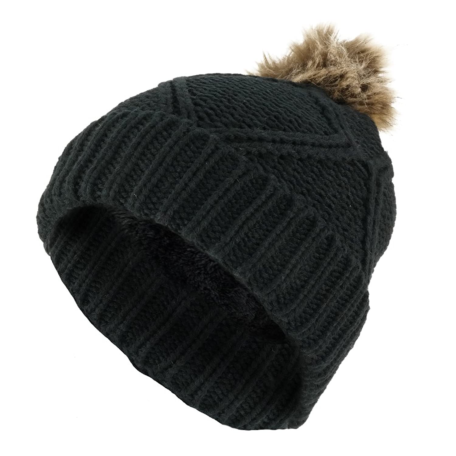 Diamond Pattern Pom Pom Cuffed Winter Knit Beanie Hat