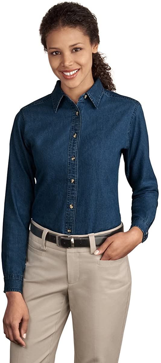 Armycrew Ladies Long Sleeve Soft Washed Cotton Denim Button-Down Shirt