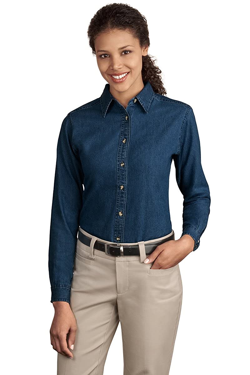 Armycrew Ladies Long Sleeve Soft Washed Cotton Denim Button-Down Shirt