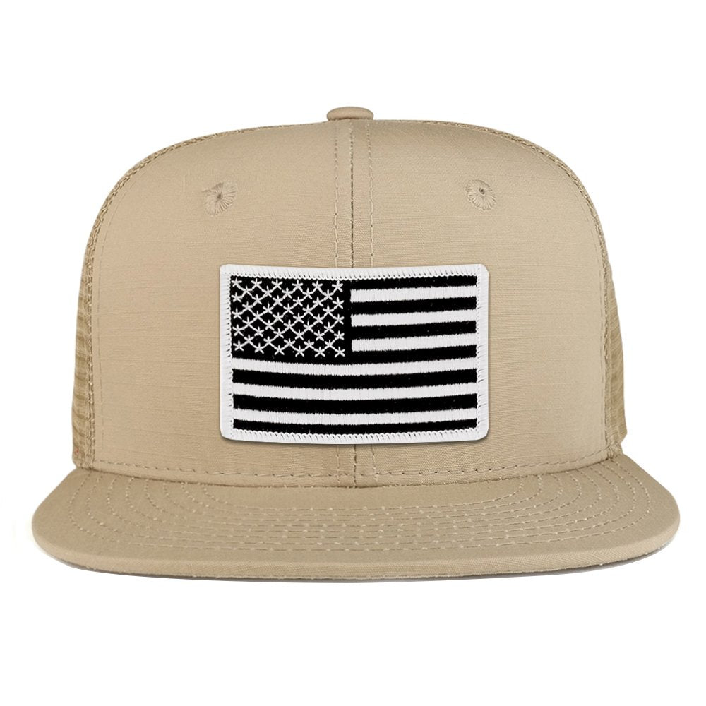 Black White American Flag Iron on Patch Flat Bill Ripstop Trucker Mesh Cap