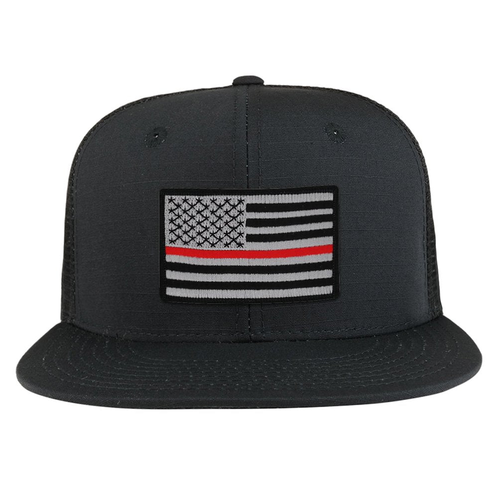 Thin Red 2 American Flag Iron on Patch Flat Bill Ripstop Trucker Mesh Cap