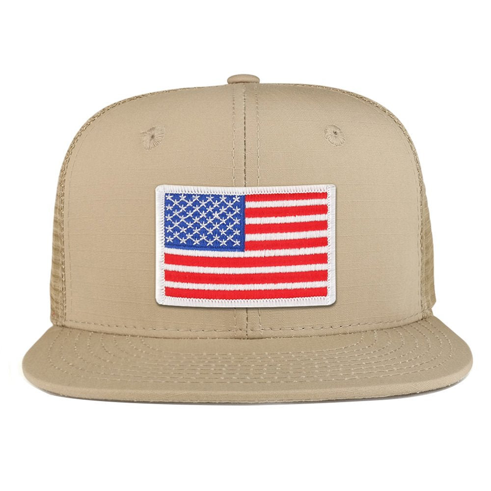 White American Flag Iron on Patch Flat Bill Ripstop Trucker Mesh Cap