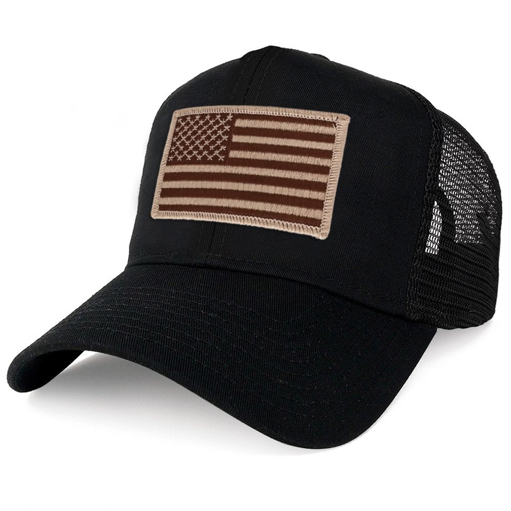 Armycrew XXL Oversize Desert USA Flag Patch Trucker Cap – Khaki Mesh Back, Snapback Adjustable
