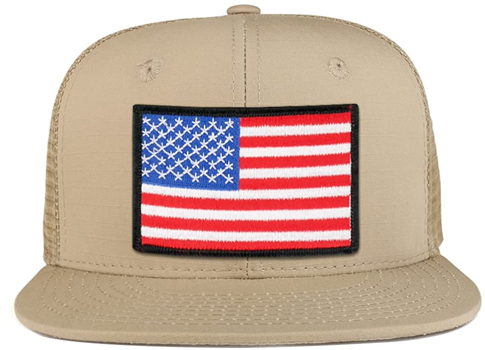 White Black Border American Flag Iron on Patch Flat Bill Ripstop Trucker Mesh Cap