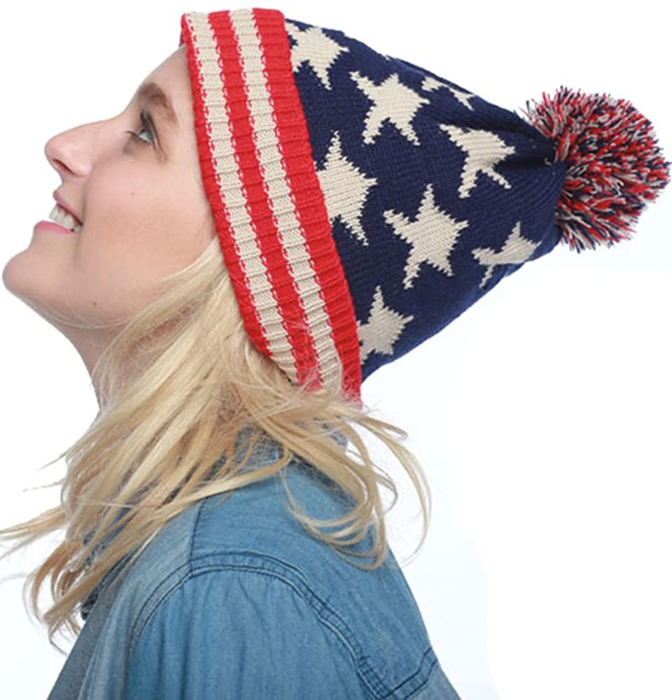 Armycrew American Flag Patriotic Winter Pom Pom Beanie - Unisex