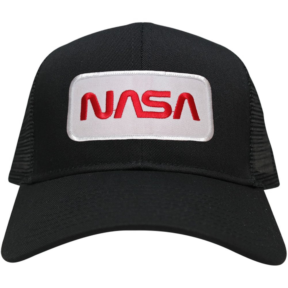 NASA Worm Red Text Embroidered Iron On Patch Snapback Trucker Mesh Cap - Black