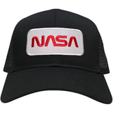 NASA Worm Red Text Embroidered Iron On Patch Snapback Trucker Mesh Cap - Black