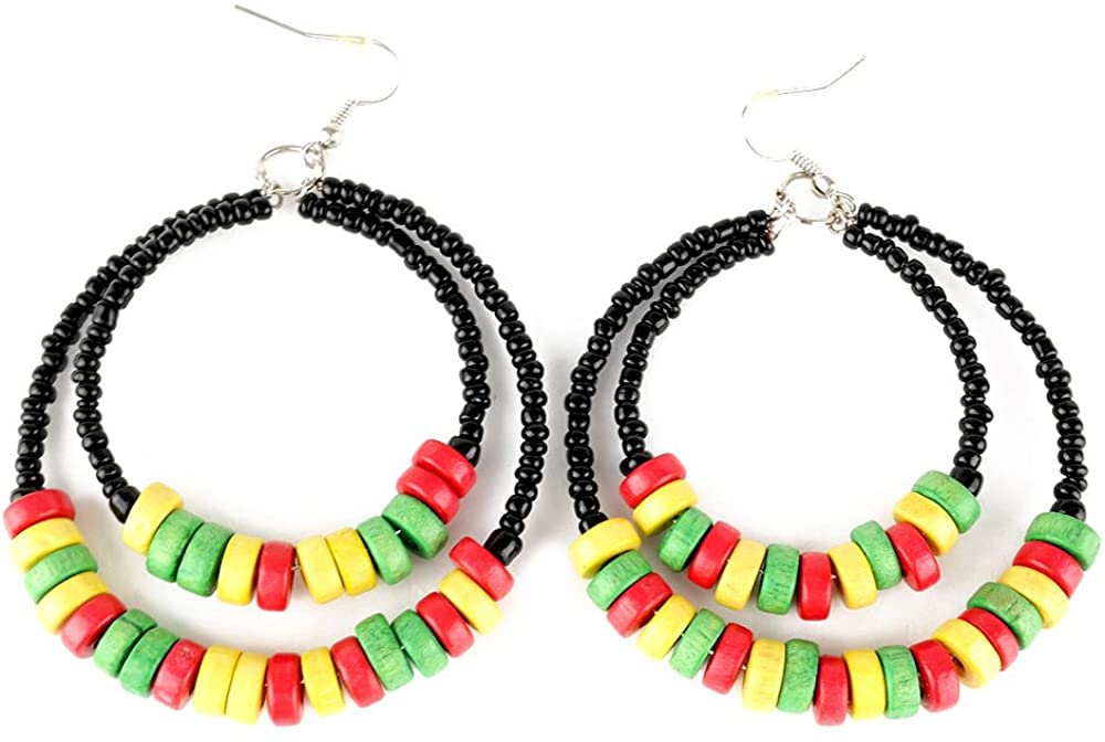 Ladies Rasta Stylish RGY Raggae Double Hoop Bead Earings
