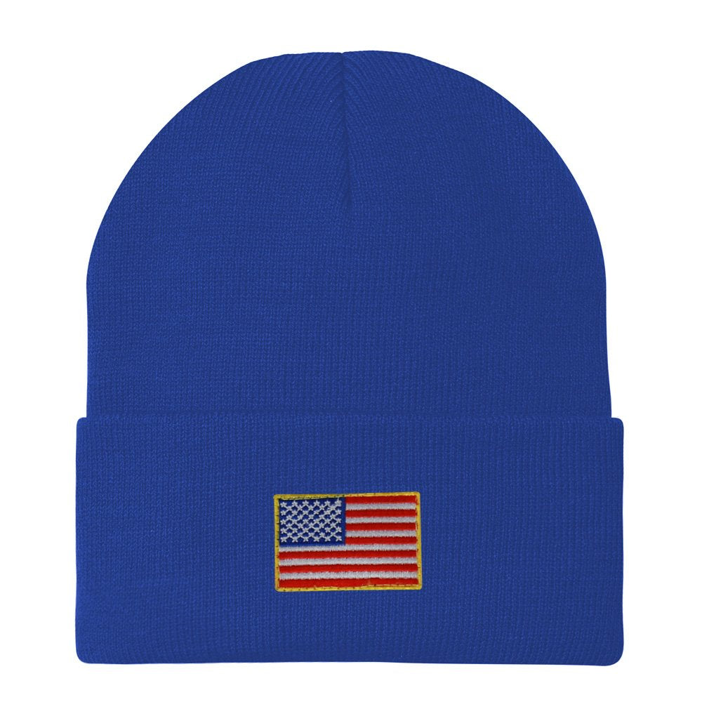Armycrew Small American Flag Embroidered Patch Ribbed Cuffed Knit Beanie - Black
