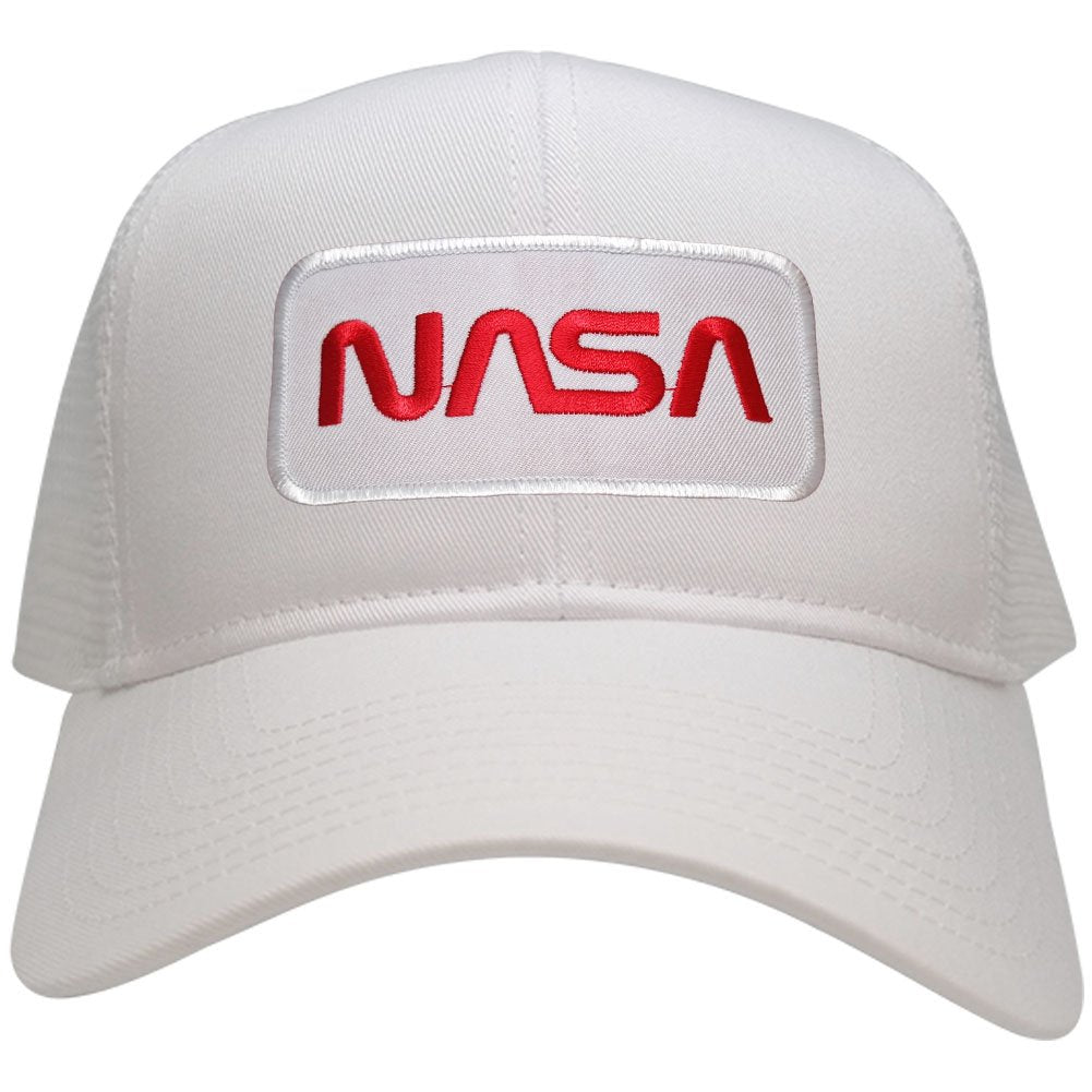 NASA Worm Red Text Embroidered Iron On Patch Snapback Trucker Mesh Cap - Black