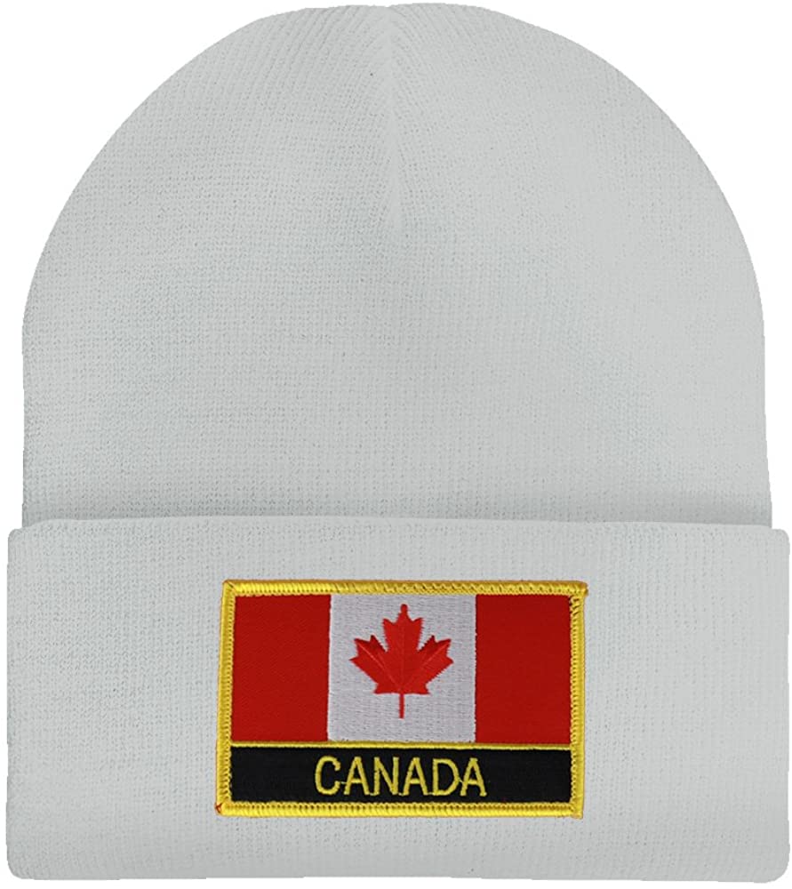 Made in USA - Canada Flag Embroidered Patch Winter Long Cuff Beanie