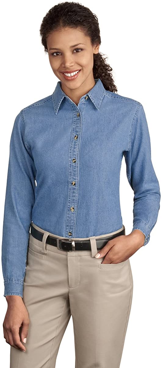 Armycrew Ladies Long Sleeve Soft Washed Cotton Denim Button-Down Shirt