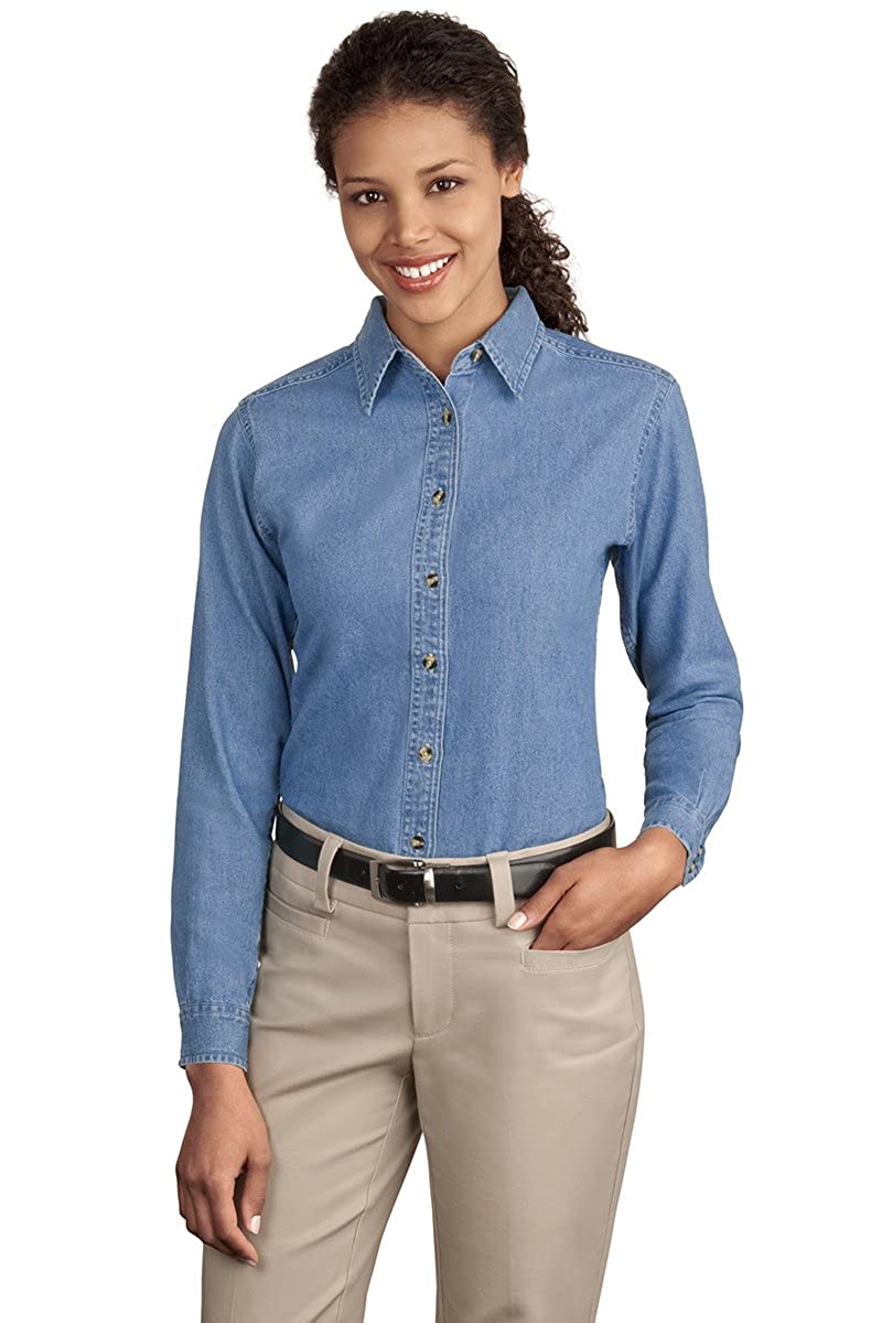 Armycrew Ladies Long Sleeve Soft Washed Cotton Denim Button-Down Shirt XXX-Large / Faded Blue
