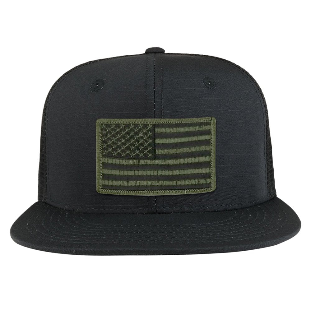 Black Olive American Flag Iron on Patch Flat Bill Ripstop Trucker Mesh Cap