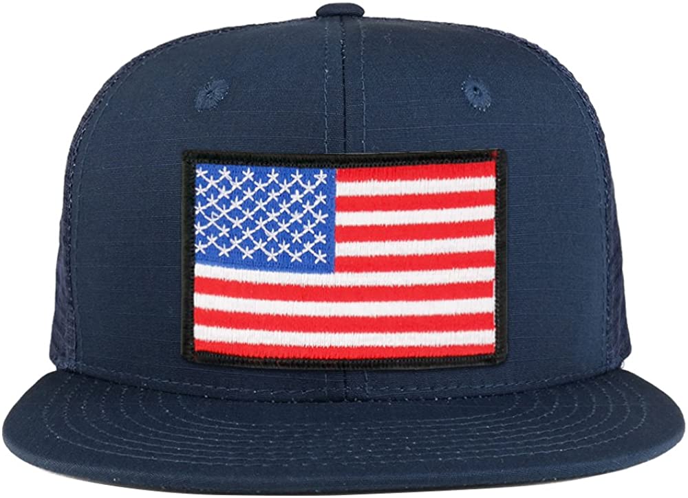 White Black Border American Flag Iron on Patch Flat Bill Ripstop Trucker Mesh Cap