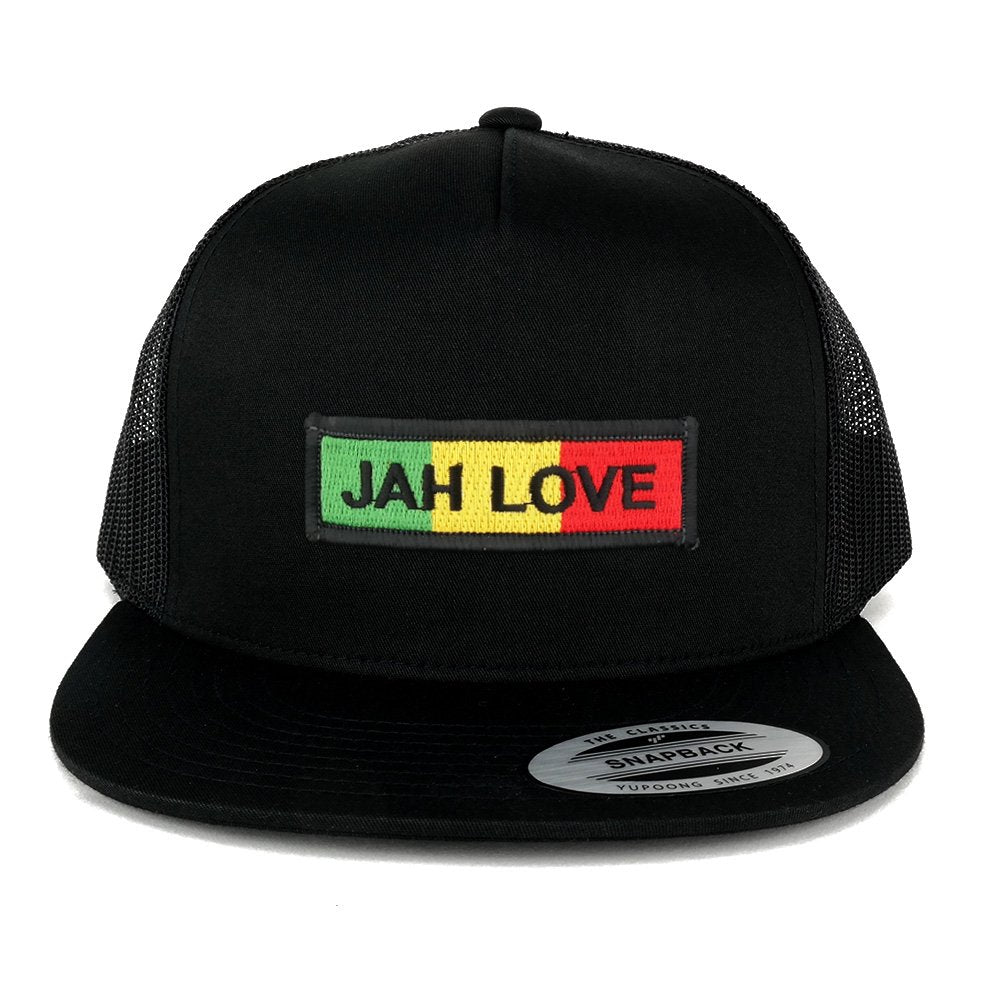 5 Panel Jah Love Green Yellow Red Embroidered Iron On Patch Flat Bill Mesh Snapback