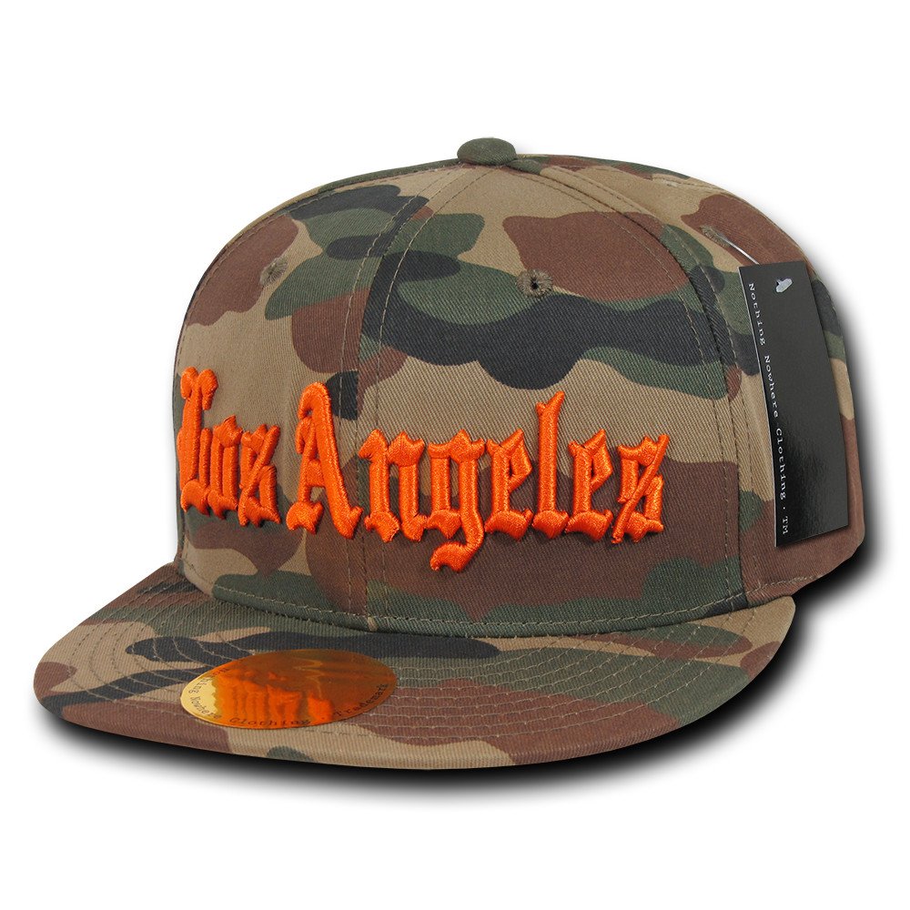 Camo Old English Embroidered Flat Bill Snapback Cotton Cap - Orange - Compton