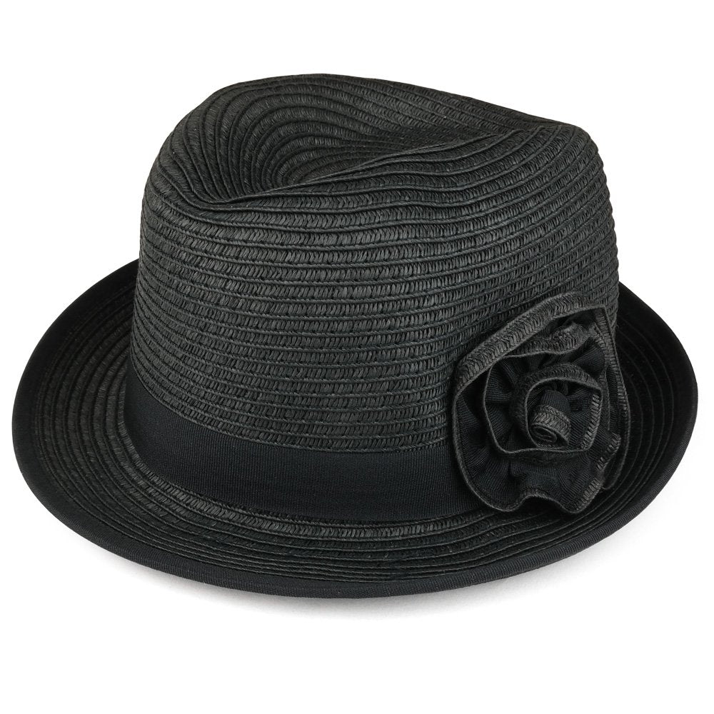 Armycrew Women's Stingy Brim Paper Straw Braided Fedora with Flower Detail