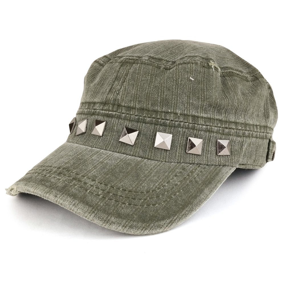 Distressed Flat Top Metallic Studded Frayed Cadet Style Army Cap