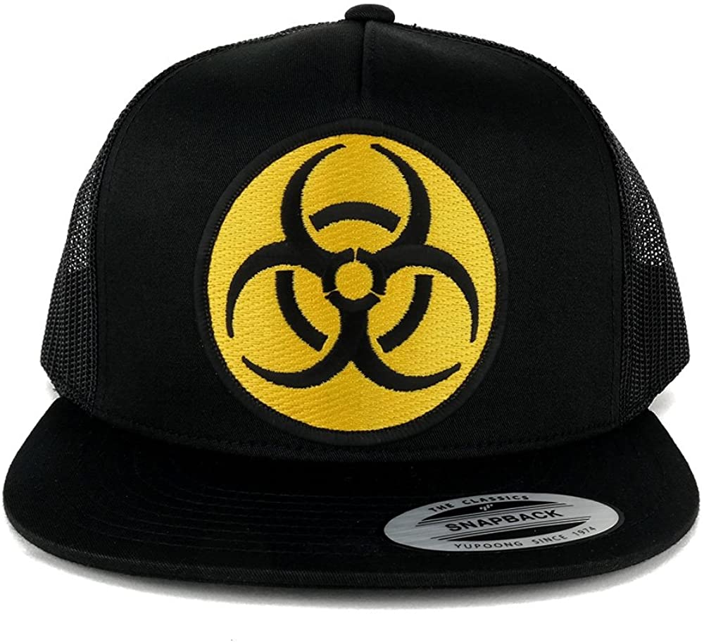 Armycrew 5 Panel Biohazard Circular Yellow Black Embroidered Patch Flat Bill Mesh Snapback