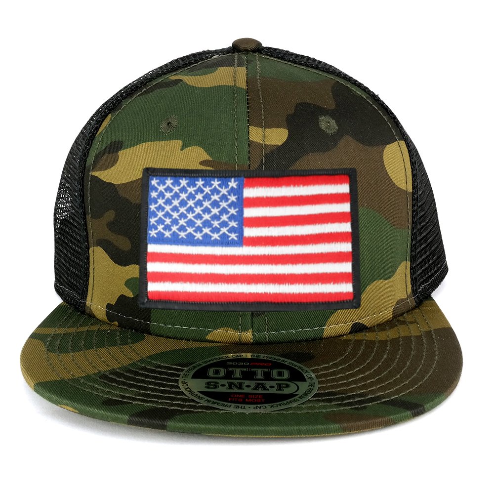USA American Flag Iron On Patch Adjustable Camo Mesh Cap - CAMO Black - Black Grey