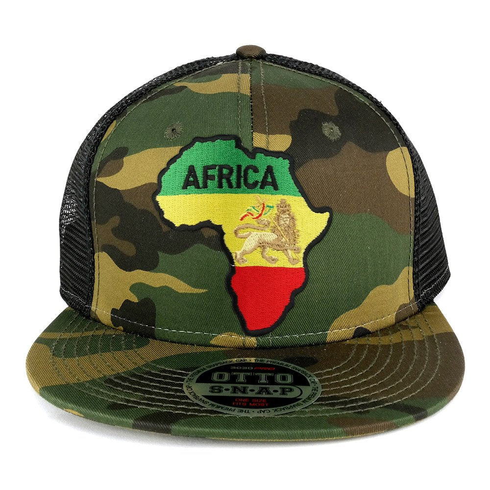 RGY Africa Map and Rasta Lion Embroidered Patch Camo Flat Bill Snapback Mesh Cap