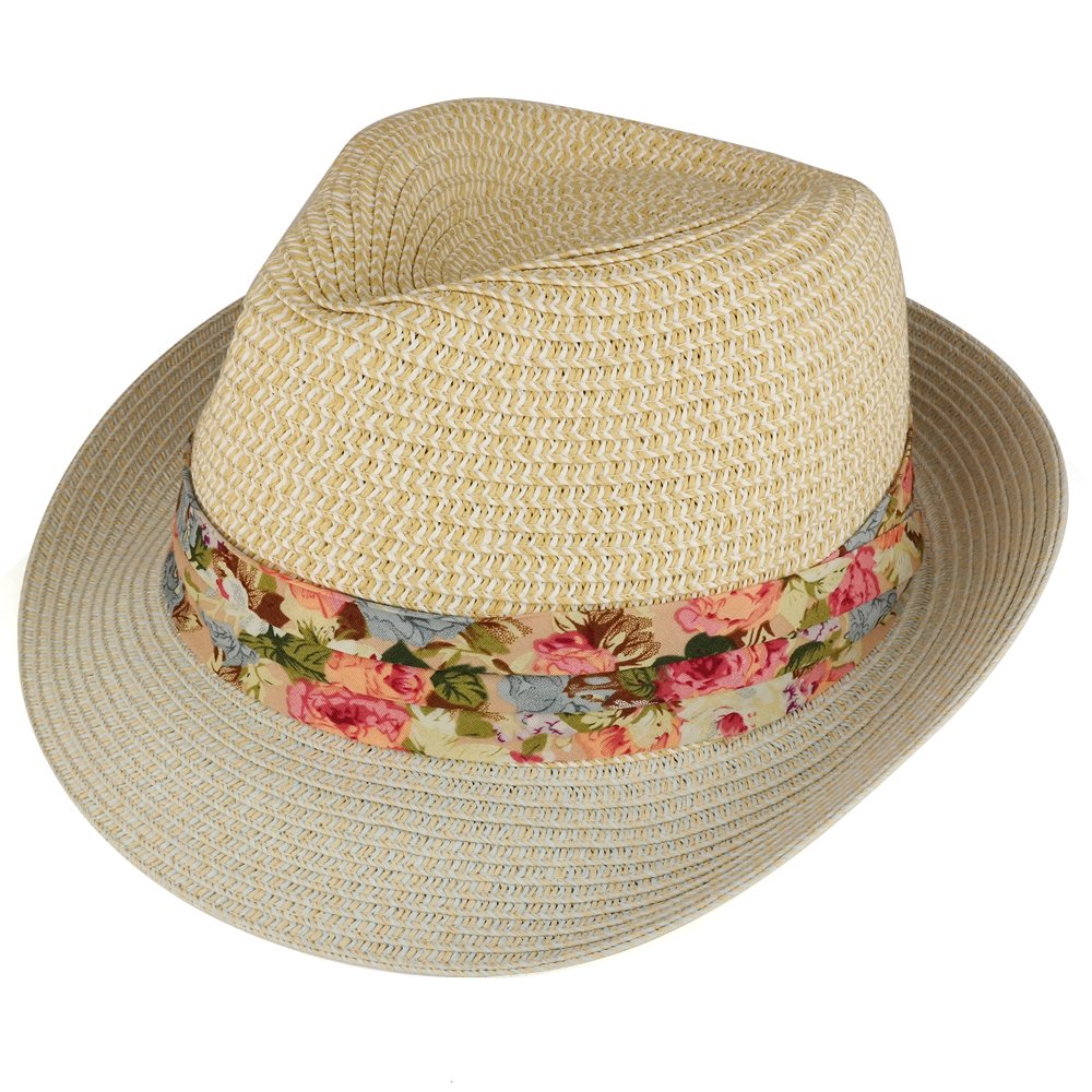 Armycrew Ladies Two Tone Paper Straw Fedora Hat with Floral Print Hatband