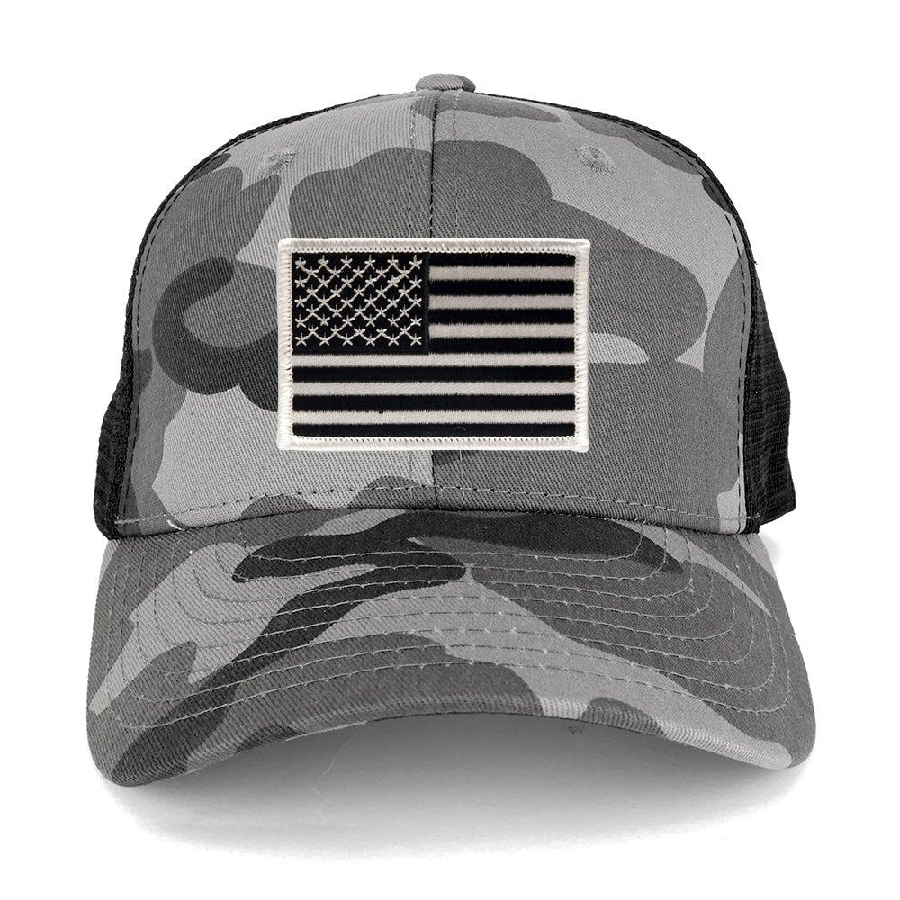 US American Flag Embroidered Iron on Patch Adjustable Urban Camo Trucker Cap - UUB - Black Grey